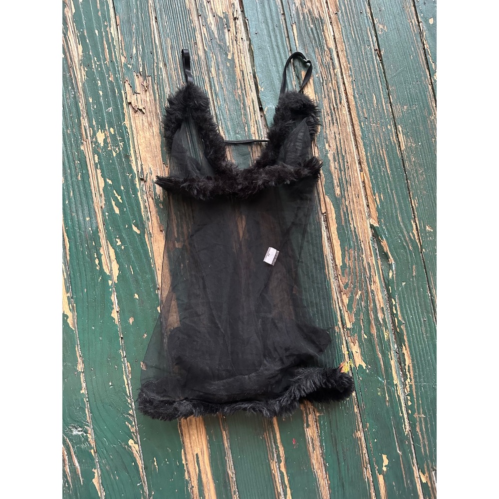 Black Sheer Mesh Babydoll Chemise with Faux Fur Trim Adjustable Straps Size M